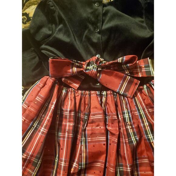 Dollie & Me Girl's Black Velvet Red Plaid Gold Bow Size 10 Tie Back Belt Buttons - Picture 13 of 15